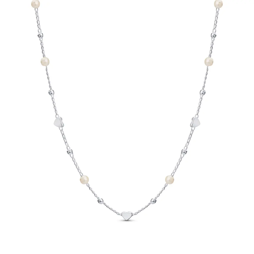 Gargantilha Prata Leve Corações e Pérolas