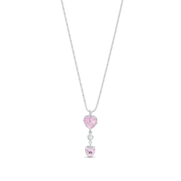 Gargantilha Prata Leve Dois Corações Rosas