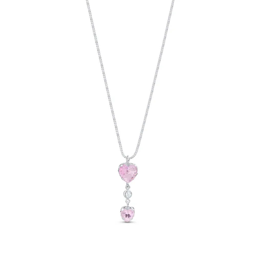 Gargantilha Prata Leve Dois Corações Rosas