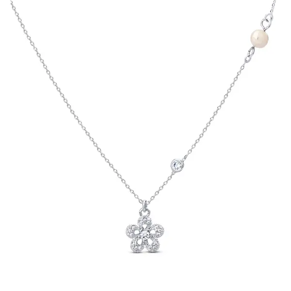 Gargantilha Prata Leve Flor Pérola e Zircônias