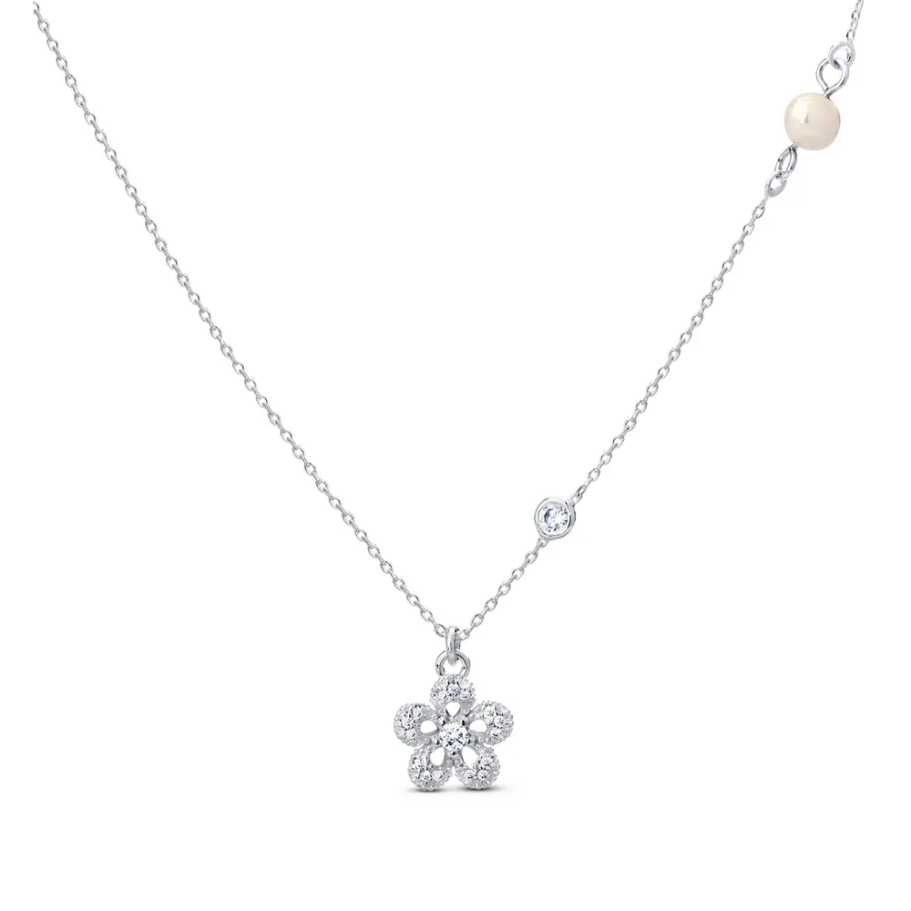 Gargantilha Prata Leve Flor Pérola e Zircônias