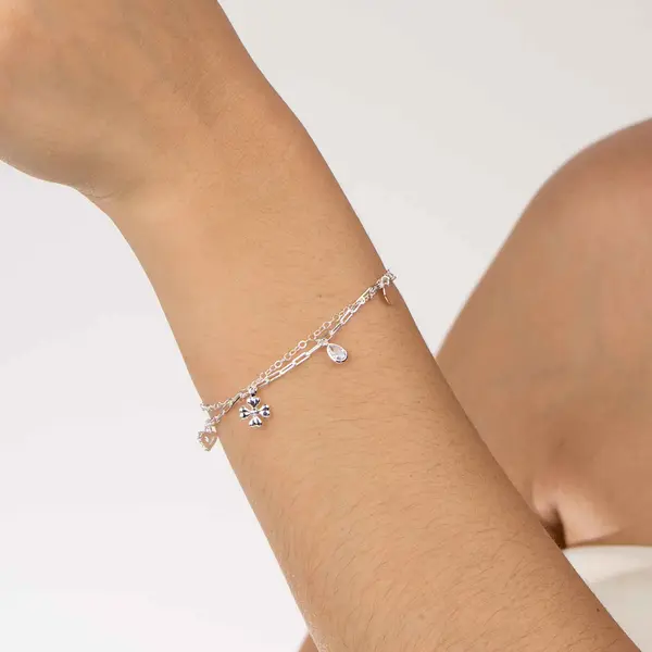 Pulseira Prata Leve Dupla Flor Coração e Zircônia