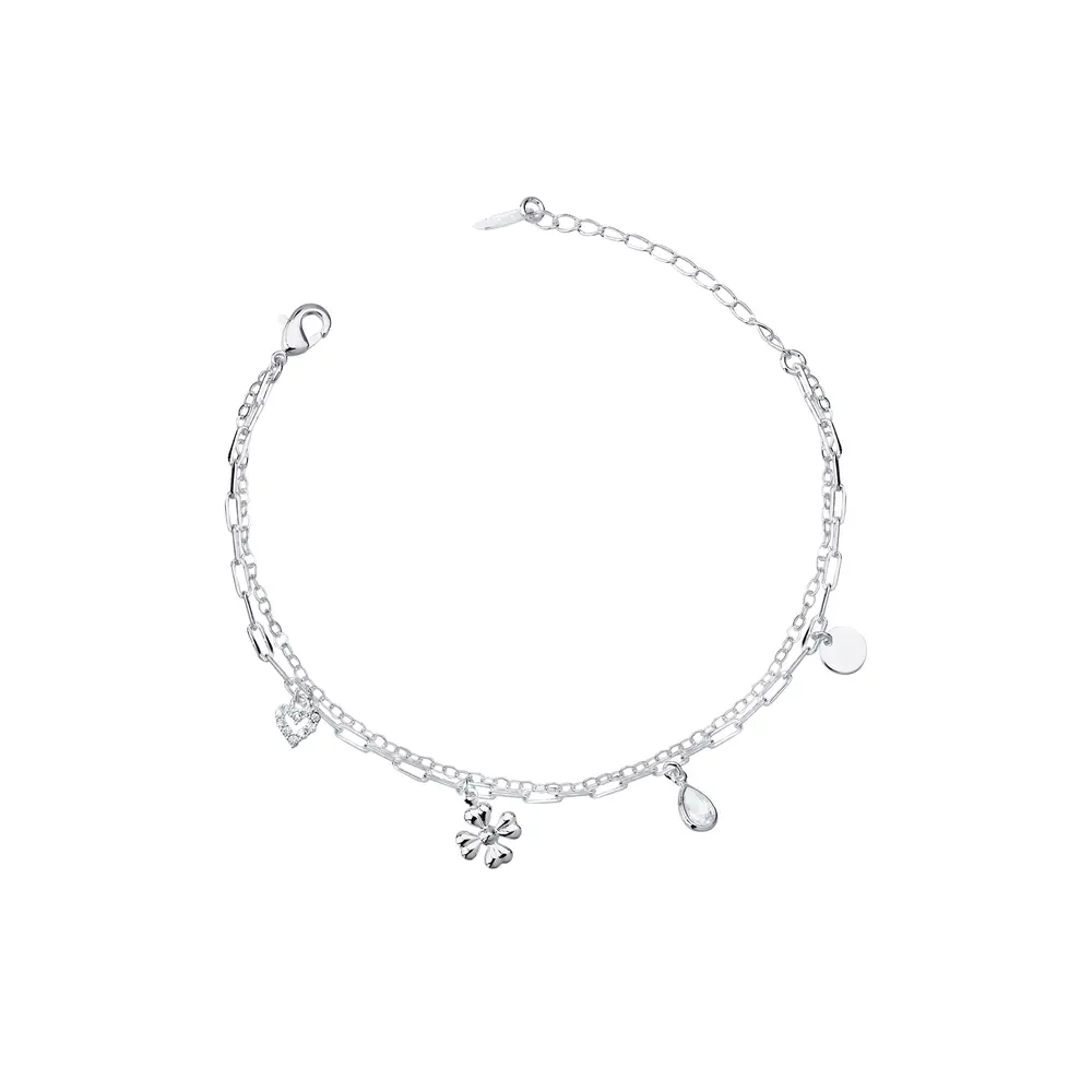 Pulseira Prata Leve Dupla Flor Coração e Zircônia