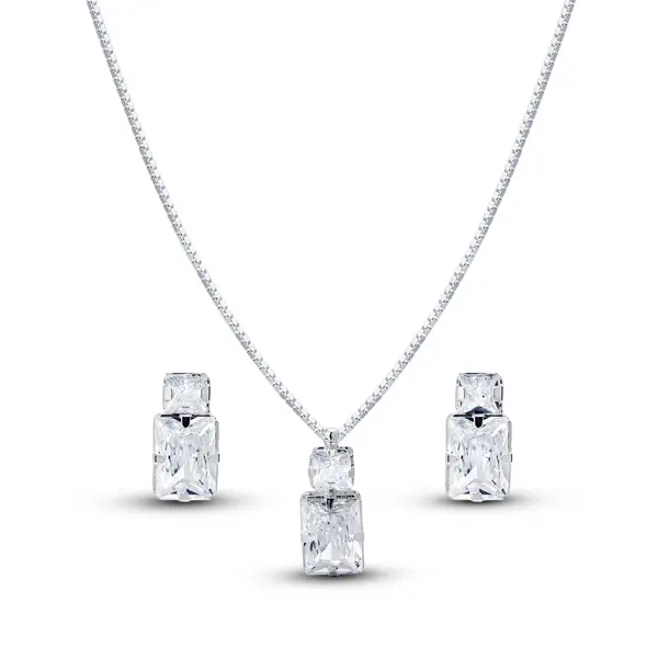 Conjunto Prata Leve Duas Zircônias Quadradas