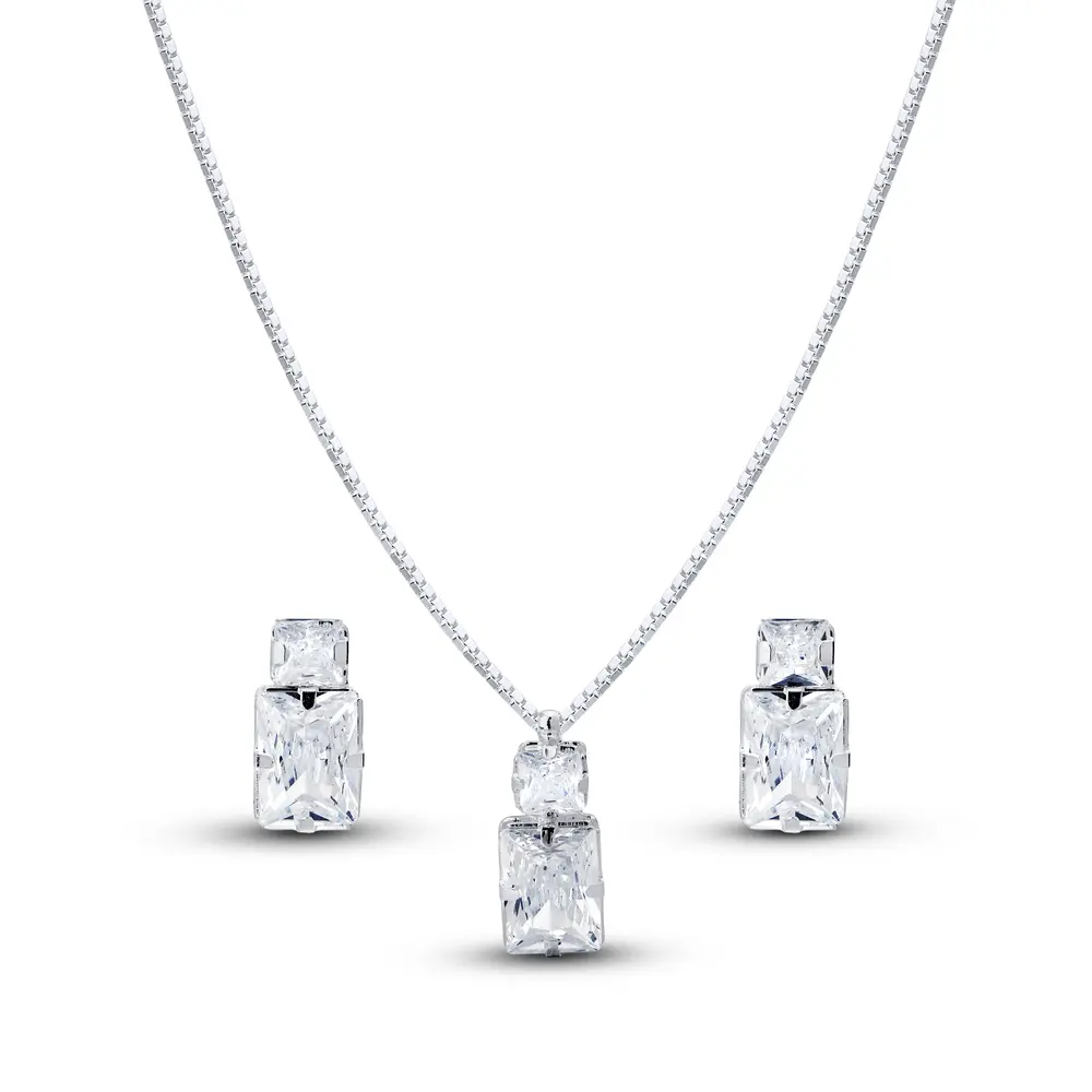 Conjunto Prata Leve Duas Zircônias Quadradas