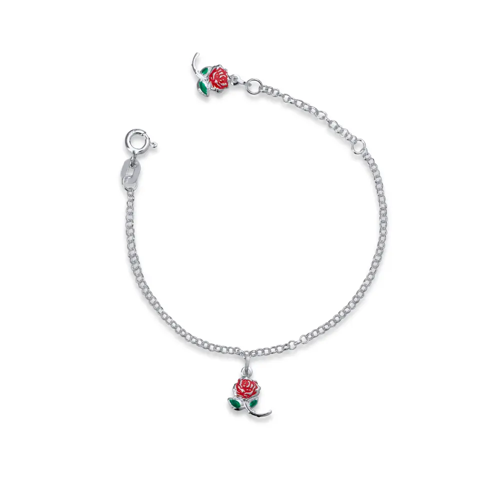 Pulseira Prata Infantil Rosas Esmaltado
