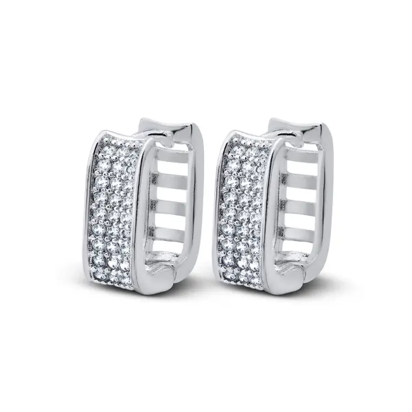 Brinco Prata Leve Argola Click Quadrada Cravejada