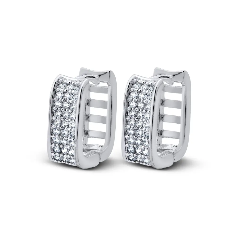 Brinco Prata Leve Argola Click Quadrada Cravejada