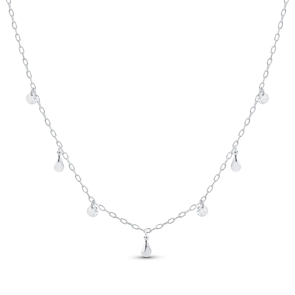 Gargantilha Prata Leve Plaquinhas Gotas e Zircônias