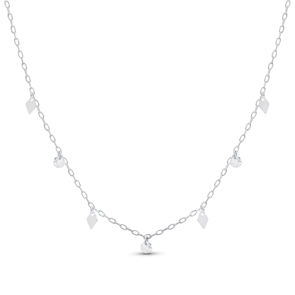 Gargantilha Prata Leve Plaquinhas e Zircônias