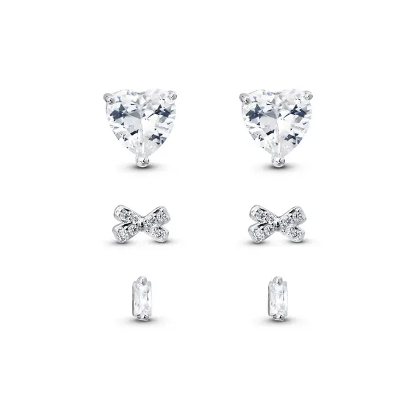 Brinco Prata Leve Trio Coração Laço e Zircônia