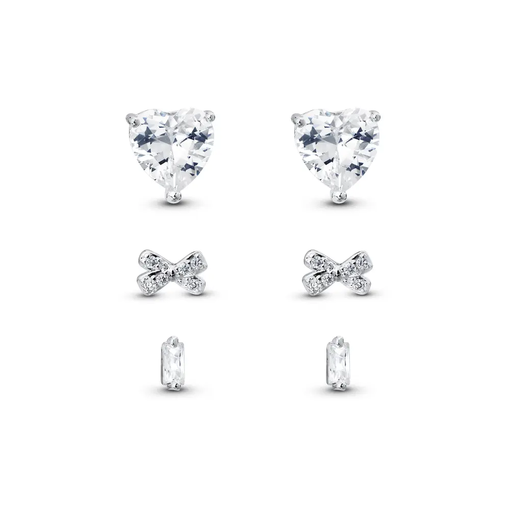 Brinco Prata Leve Trio Coração Laço e Zircônia