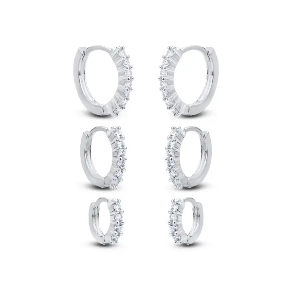 Brinco Prata Leve Trio Argolas com Zircônias Altas