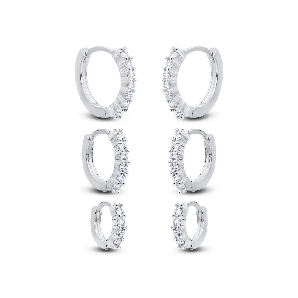 Brinco Prata Leve Trio Argolas com Zircônias Altas