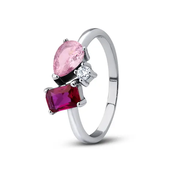 Anel Prata Rodinada Solitário Pedras Rosa Vermelha e Branca