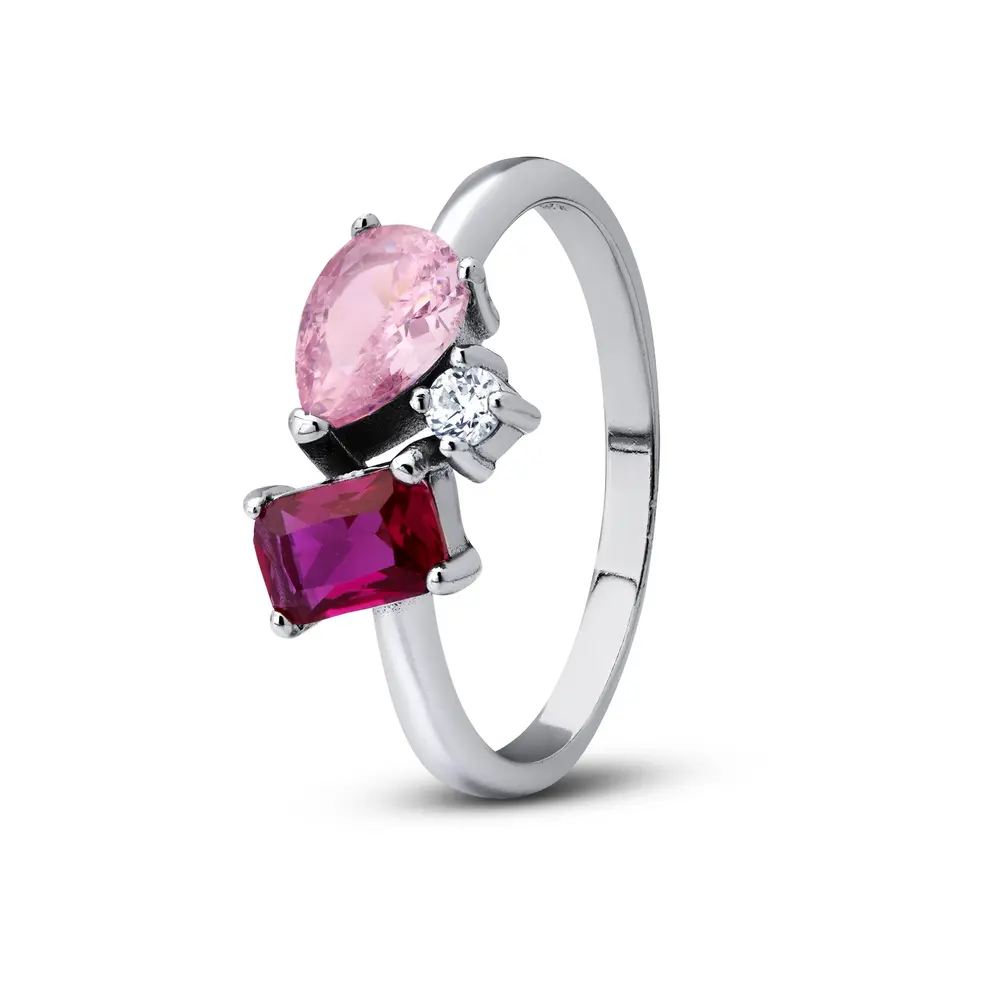 Anel Prata Rodinada Solitário Pedras Rosa Vermelha e Branca