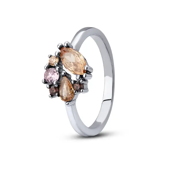 Anel Prata Rodinada Solitário Zircônias Laranjas