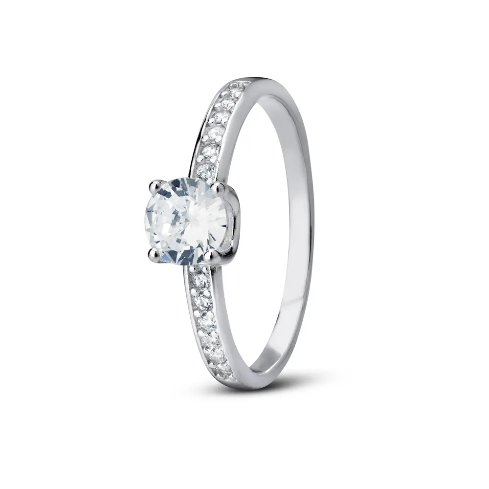 Anel Prata Solitário Zircônia Central Grande