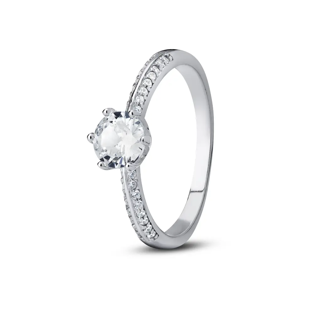 Anel Prata Solitário Zircônia Central Redonda