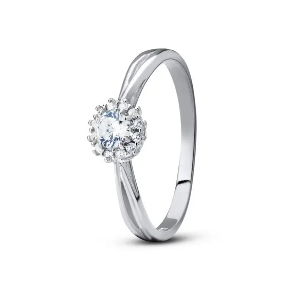 Anel Prata Solitário Cravejado em Zircônias