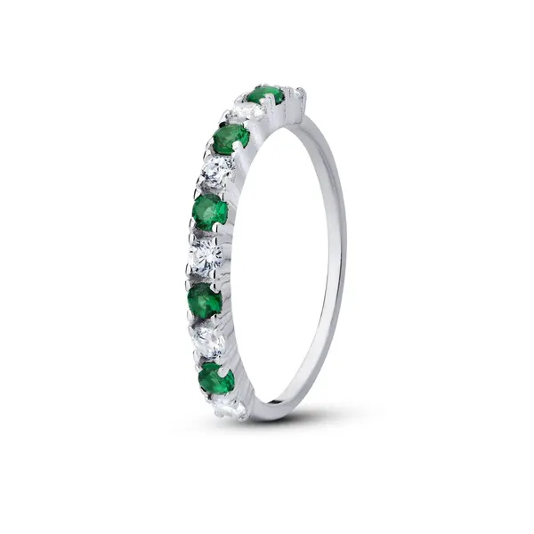 Anel Prata Meia Aliança Zircônias Verdes