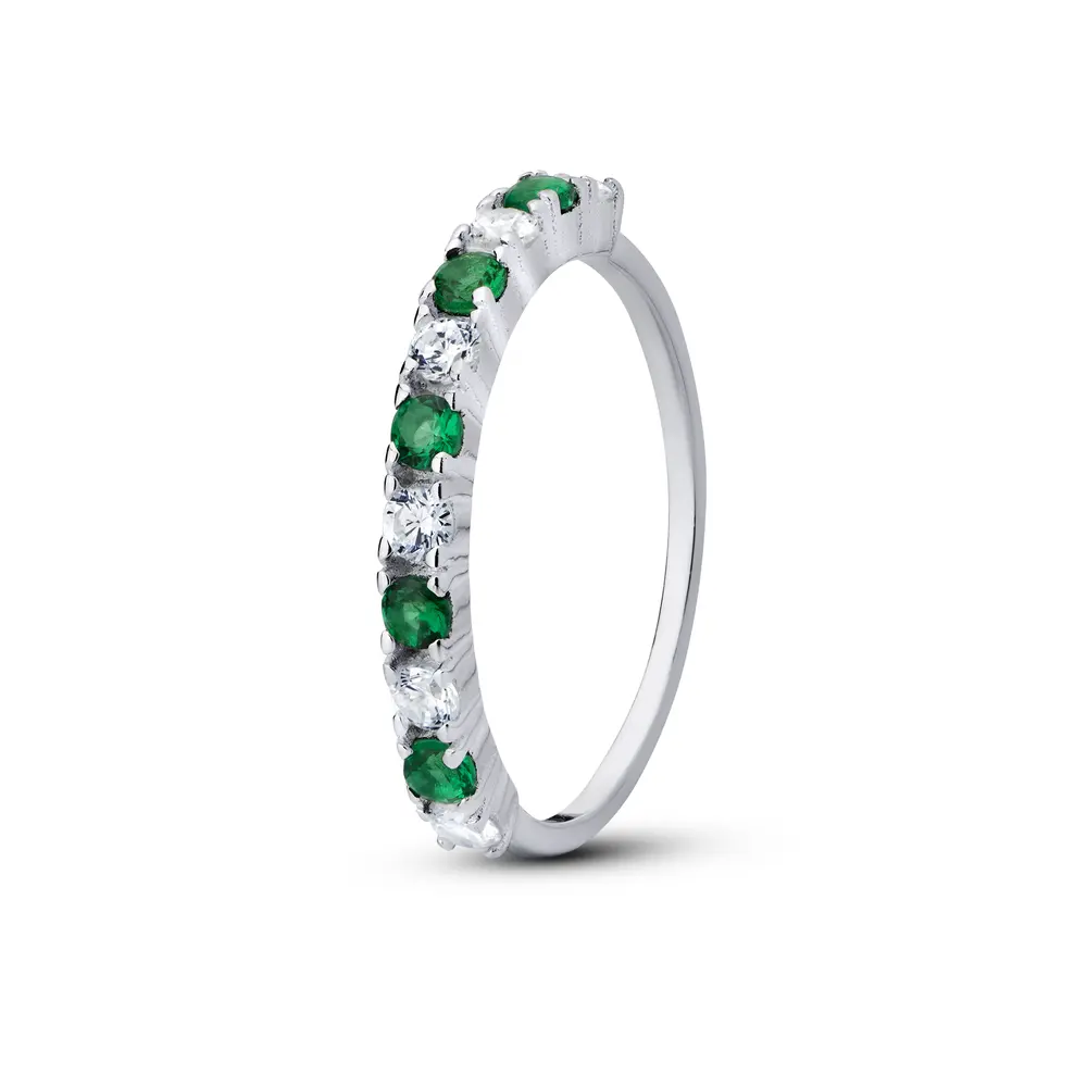 Anel Prata Meia Aliança Zircônias Verdes