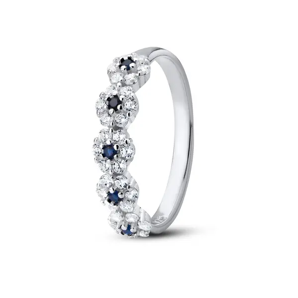 Anel Prata Meia Aliança Zircônias Azuis