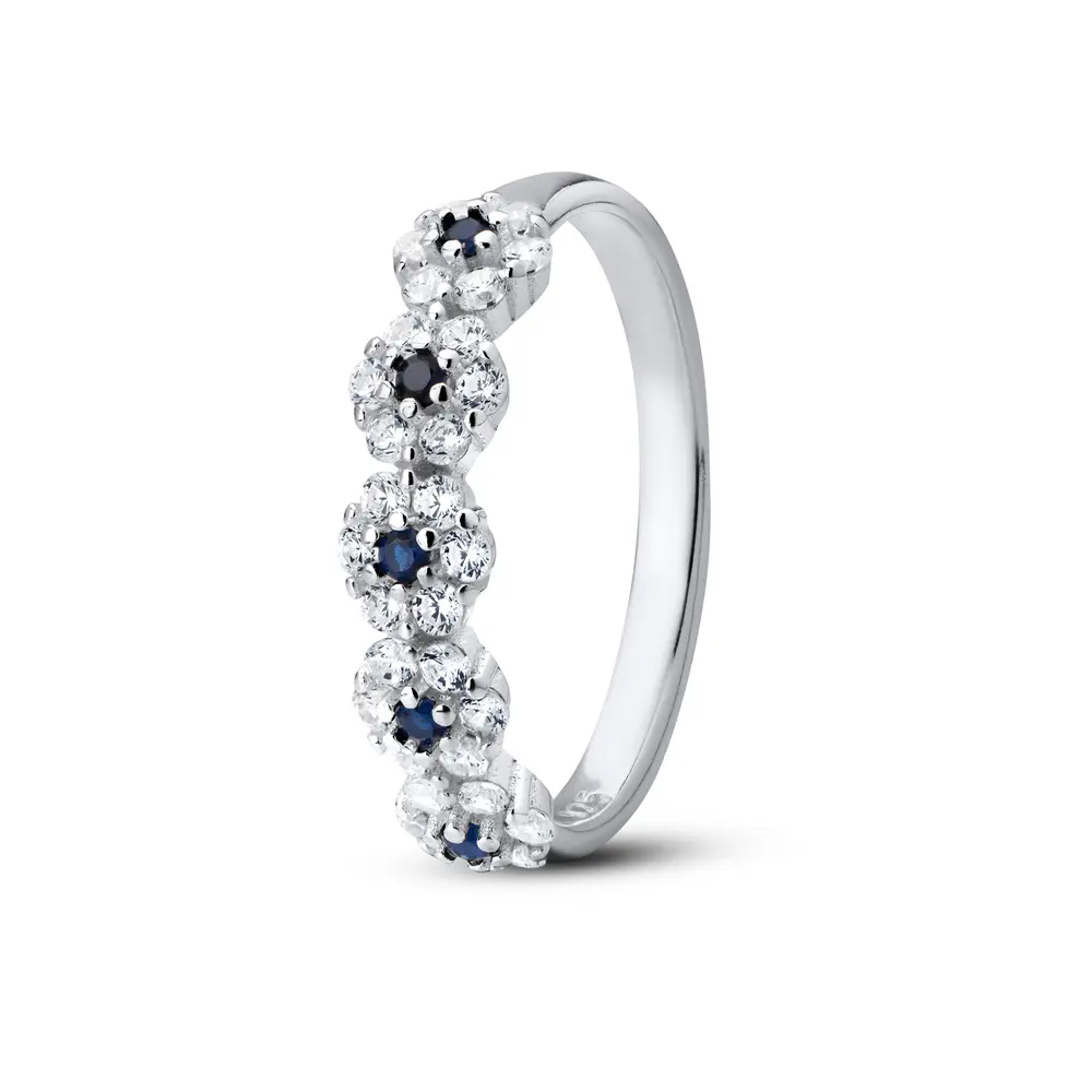 Anel Prata Meia Aliança Zircônias Azuis