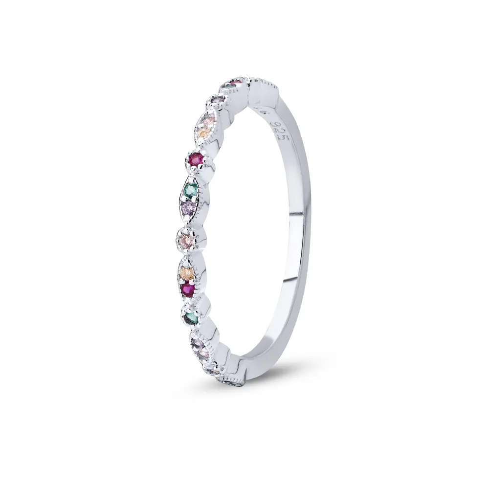 Anel Prata Meia Aliança Zircônias Coloridas