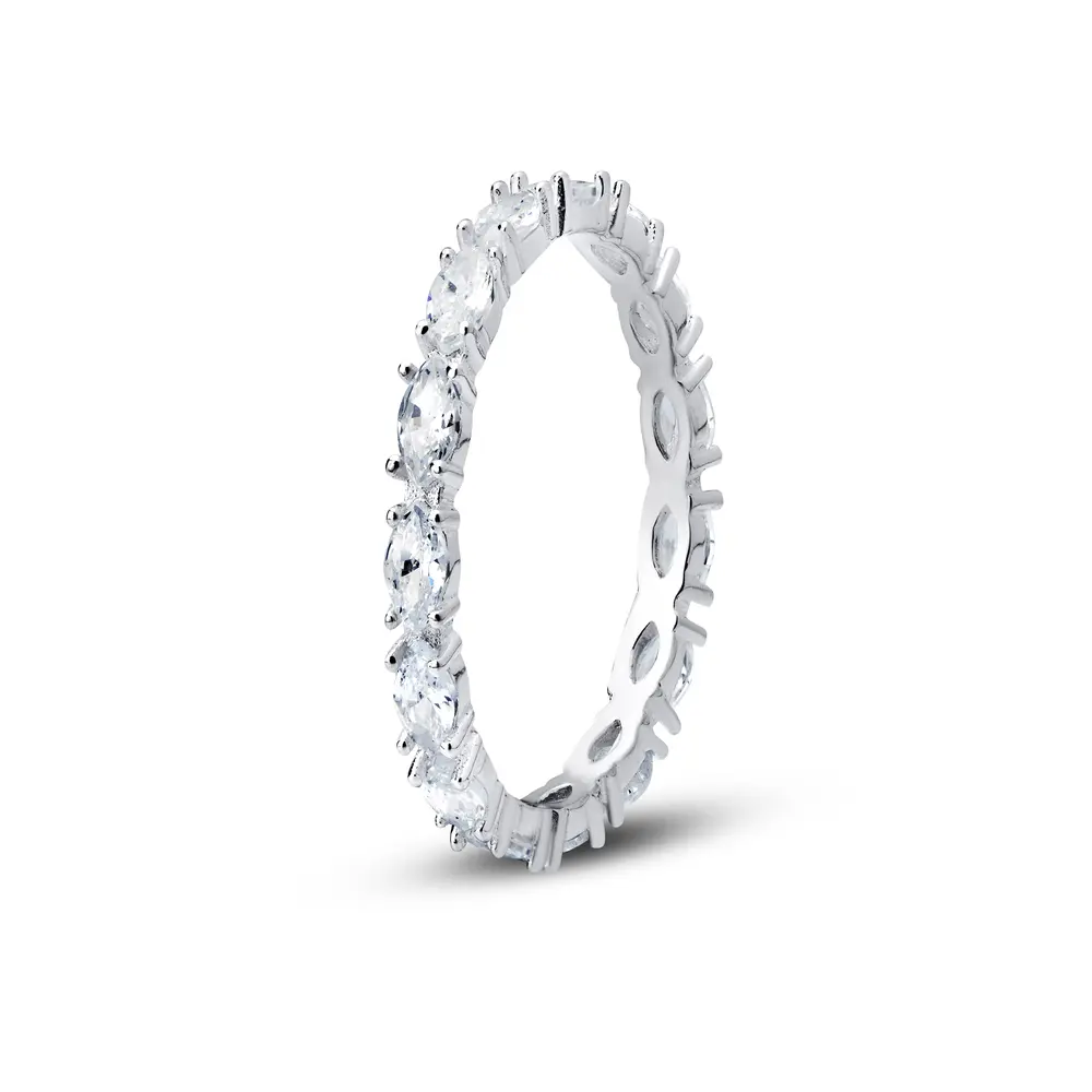 Anel Prata Zircônias Navete