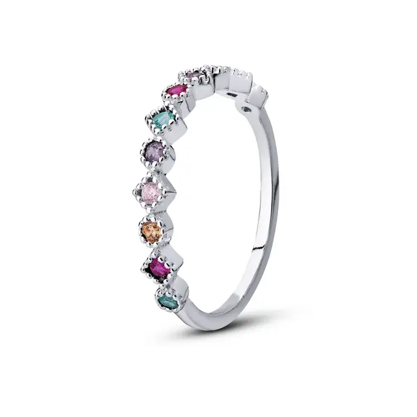 Anel Prata Meia Aliança Zircônias Coloridas