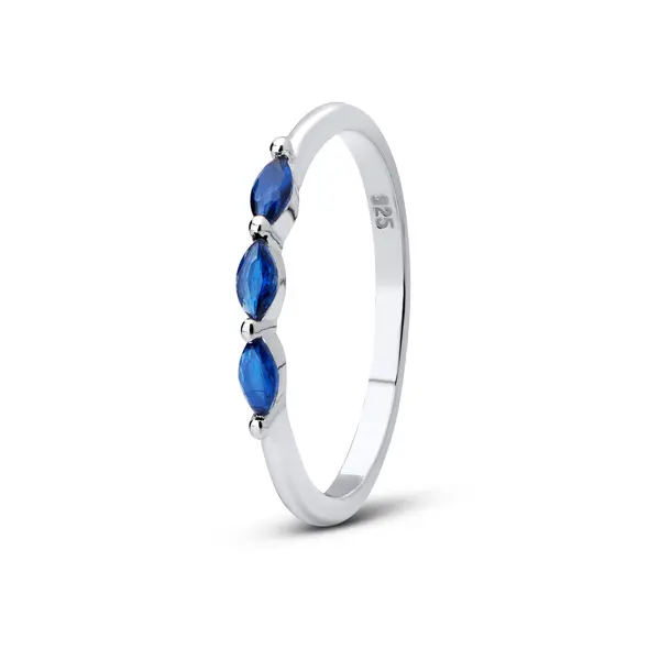 Anel Prata Meia Aliança Três Zircônias Navete Azul