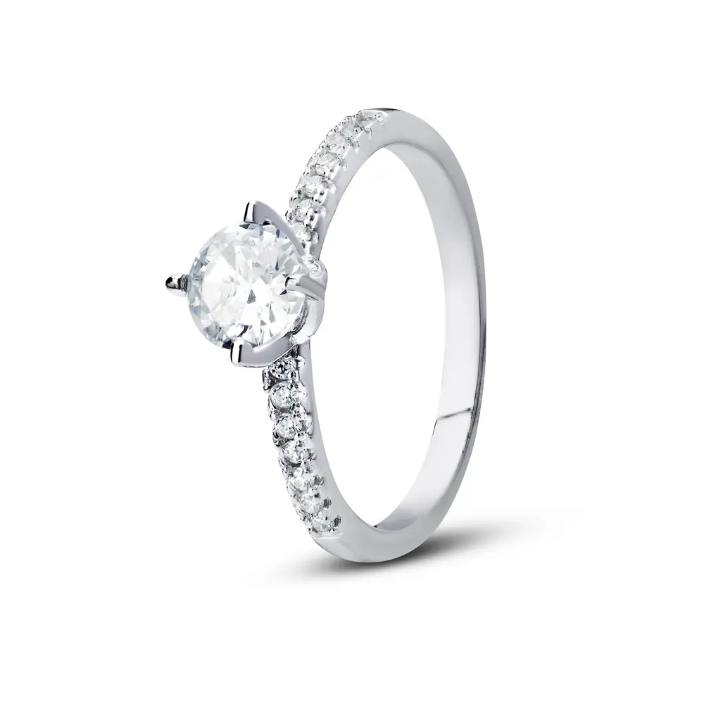 Anel Prata Solitário Zircônia Central Redonda