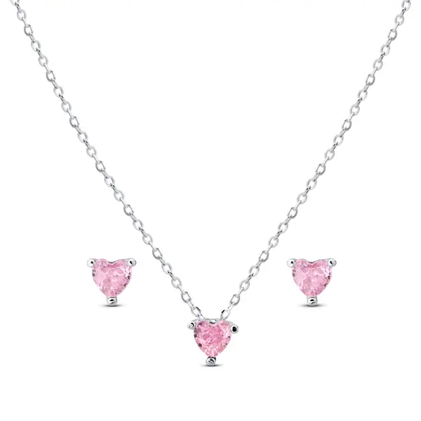 Conjunto Prata Coração Rosa