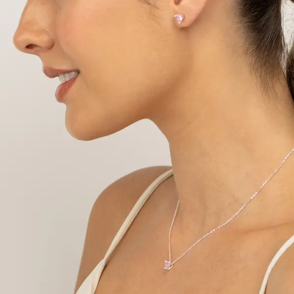 Conjunto Prata Coração Rosa