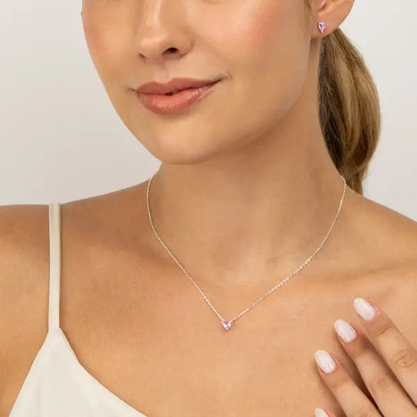 Conjunto Prata Coração Rosa