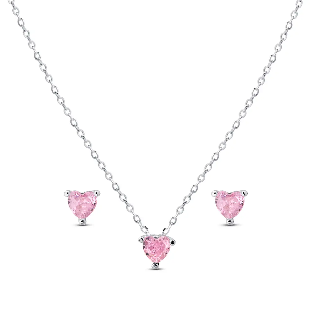 Conjunto Prata Coração Rosa