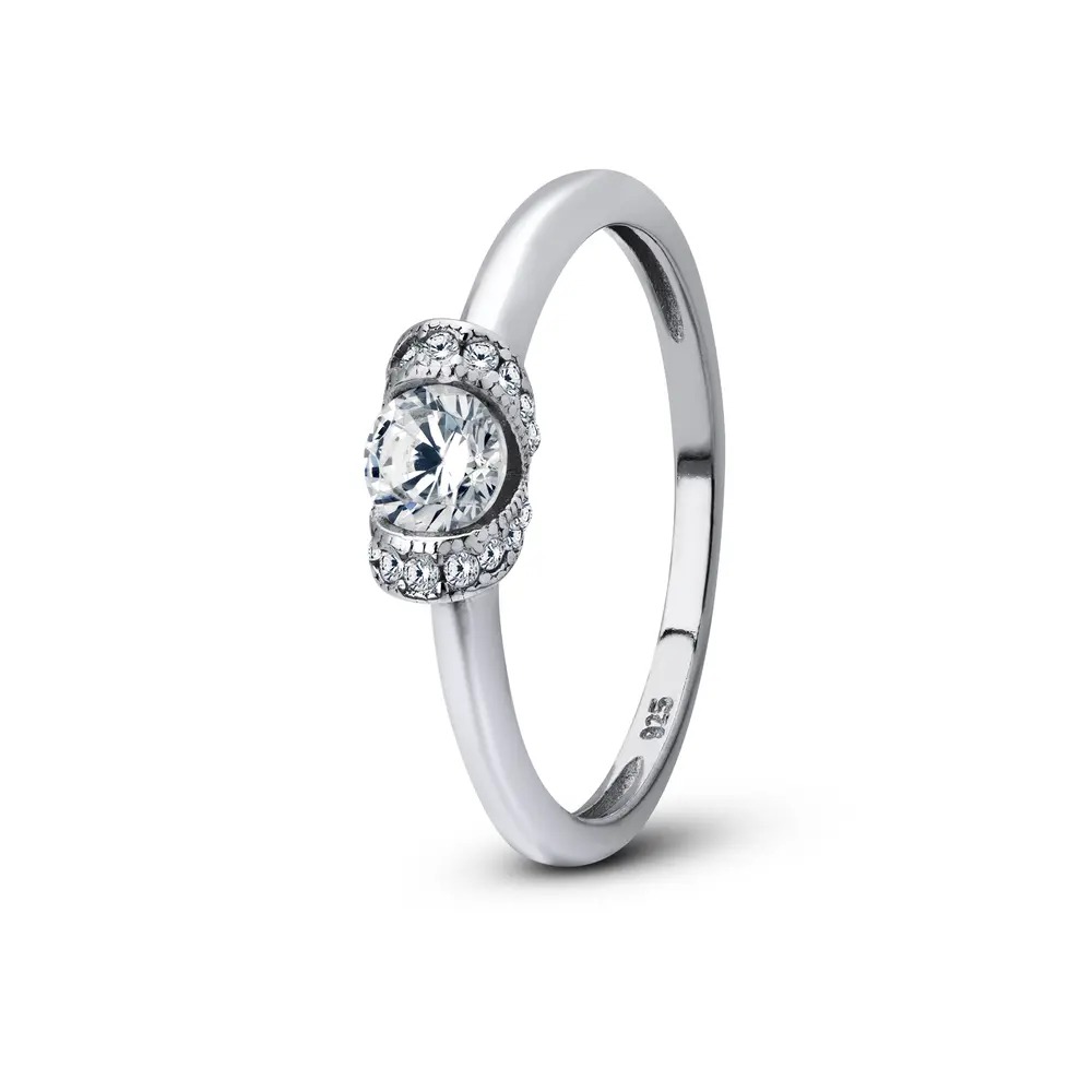 Anel Prata Rodinada Solitário com Zircônia e Cravejado