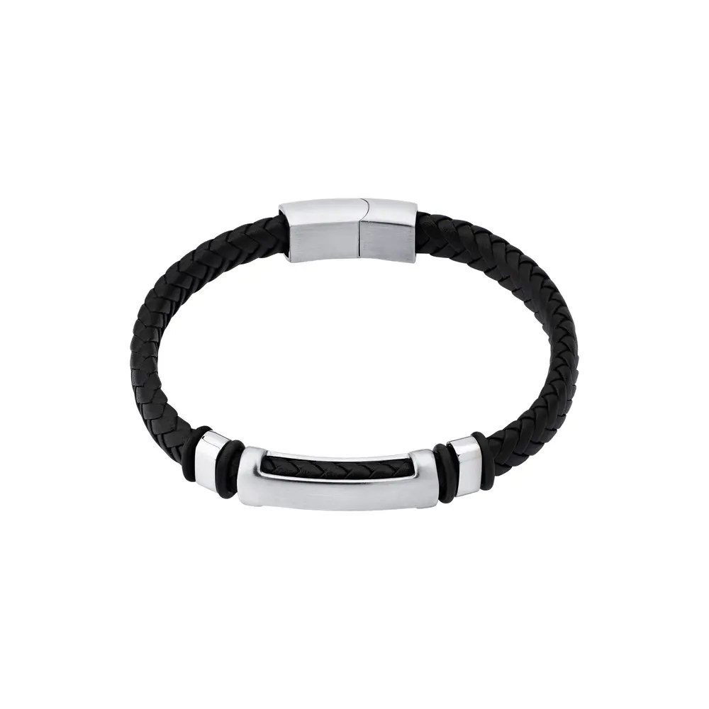 Pulseira Masculina Aço com Couro Fecho Magnético