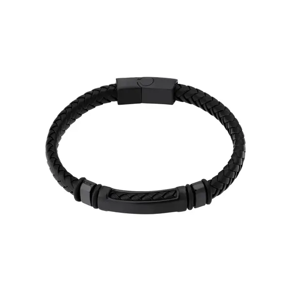 Pulseira Masculina Aço com Couro Fecho Magnético Preta