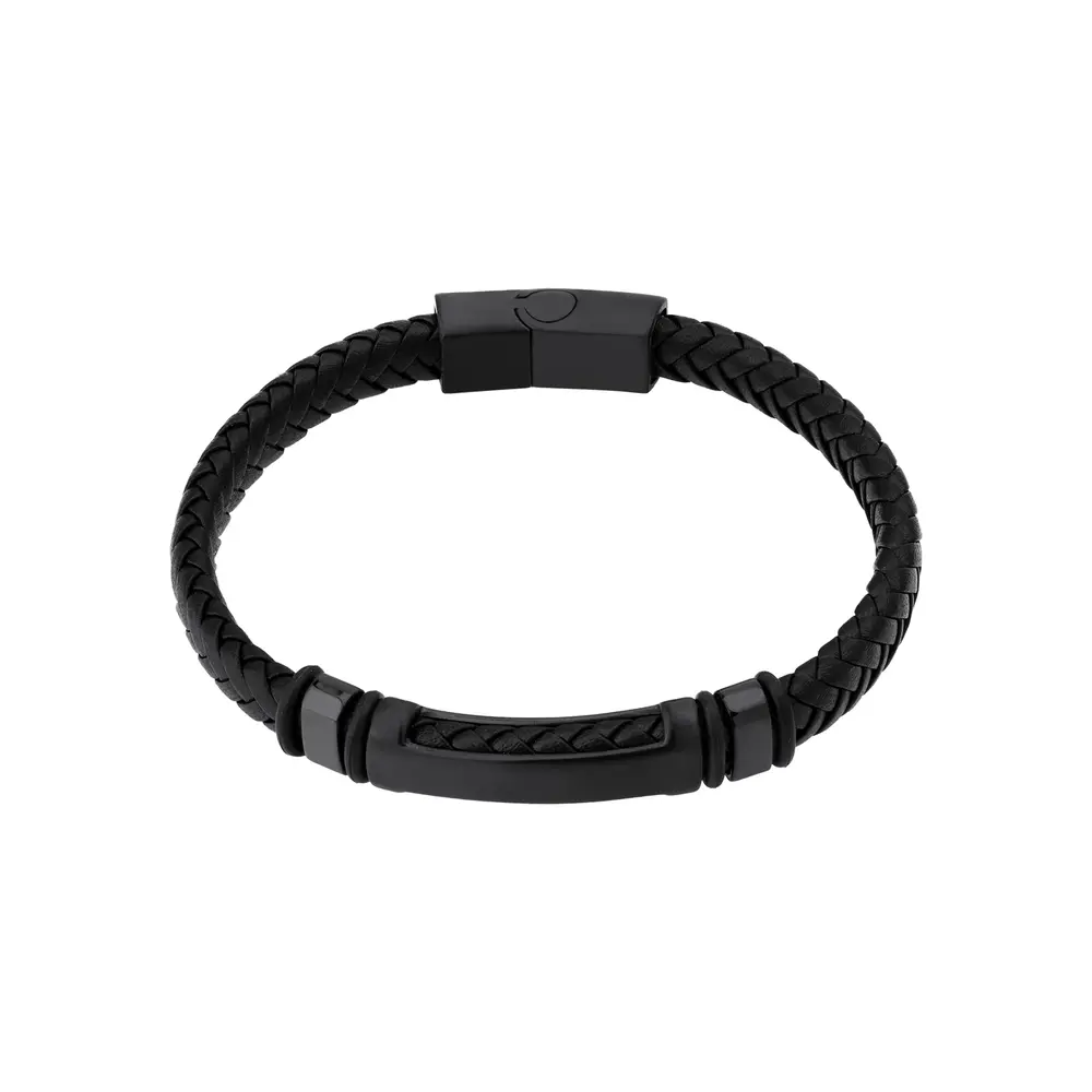 Pulseira Masculina Aço com Couro Fecho Magnético Preta