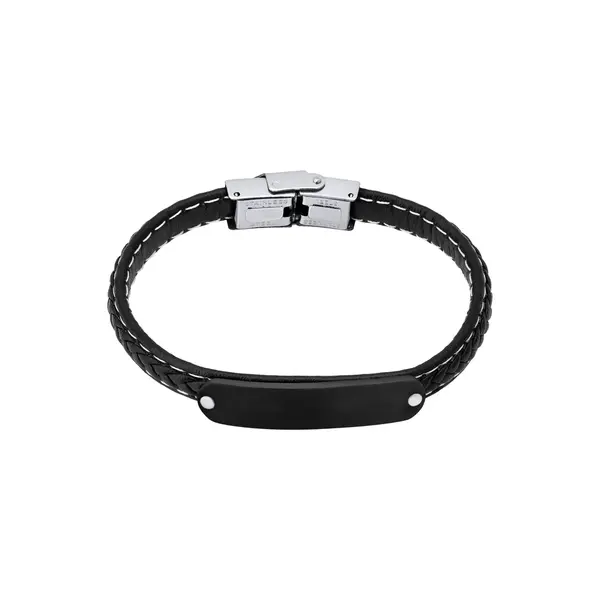 Pulseira Masculina Placa Aço com Couro Trançado