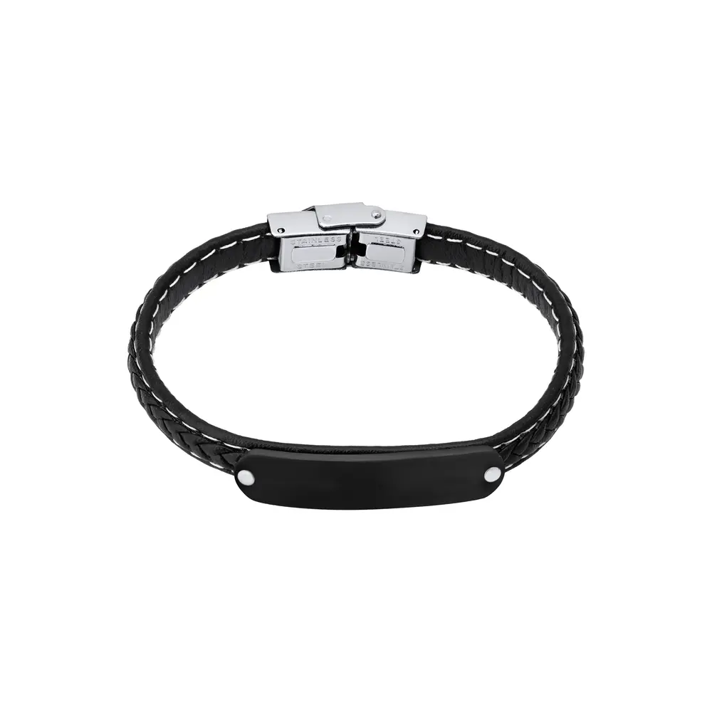 Pulseira Masculina Placa Aço com Couro Trançado
