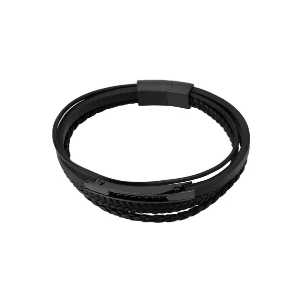 Pulseira Masculina Aço com Couro Quatro Tiras Pretas