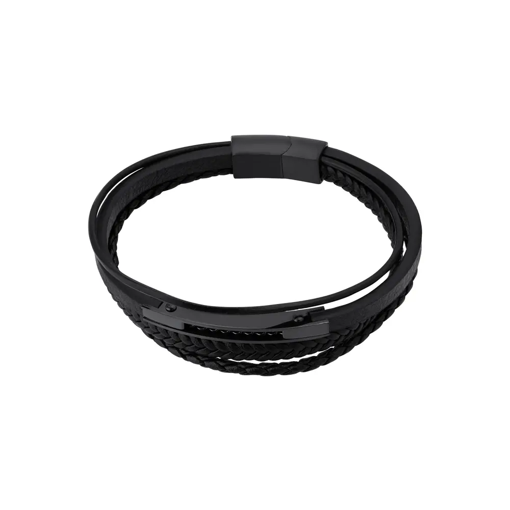 Pulseira Masculina Aço com Couro Quatro Tiras Pretas
