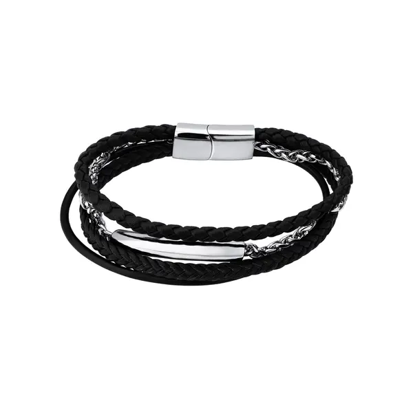 Pulseira Masculina Aço Trançado com Três Tiras em Couro