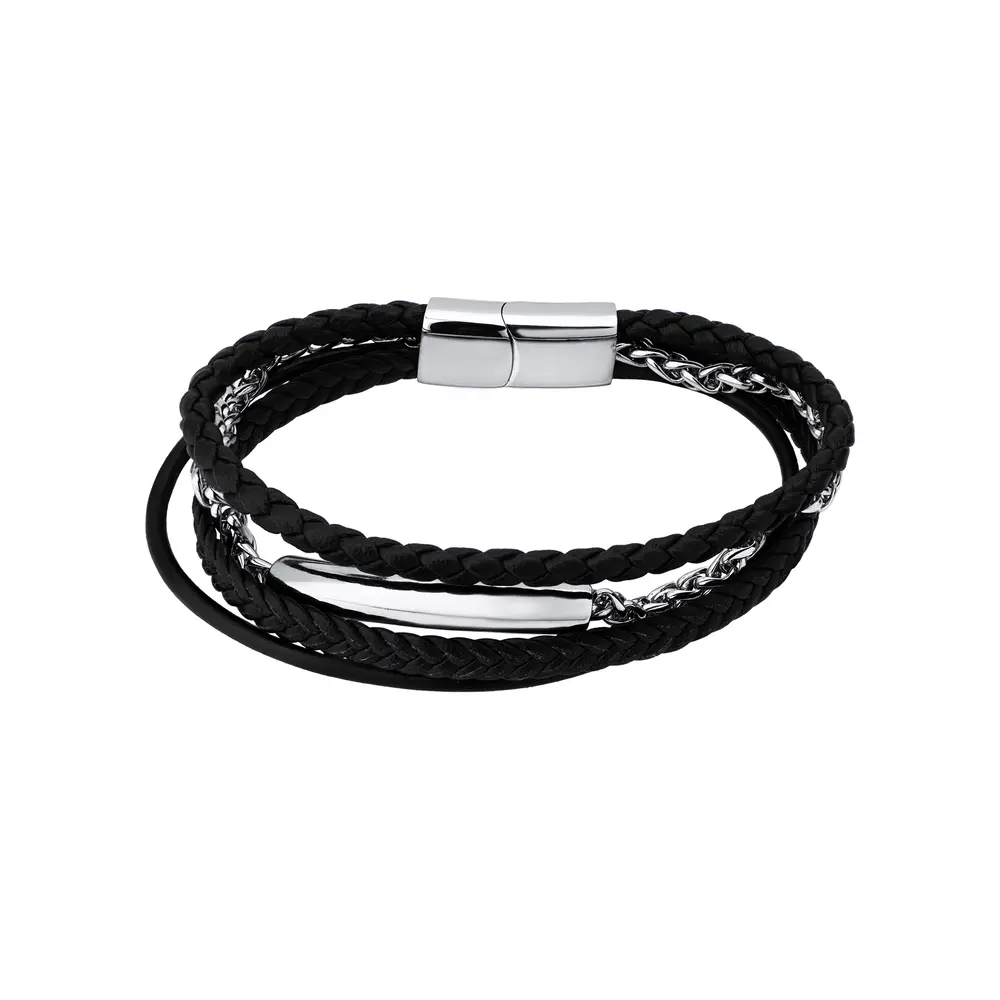 Pulseira Masculina Aço Trançado com Três Tiras em Couro