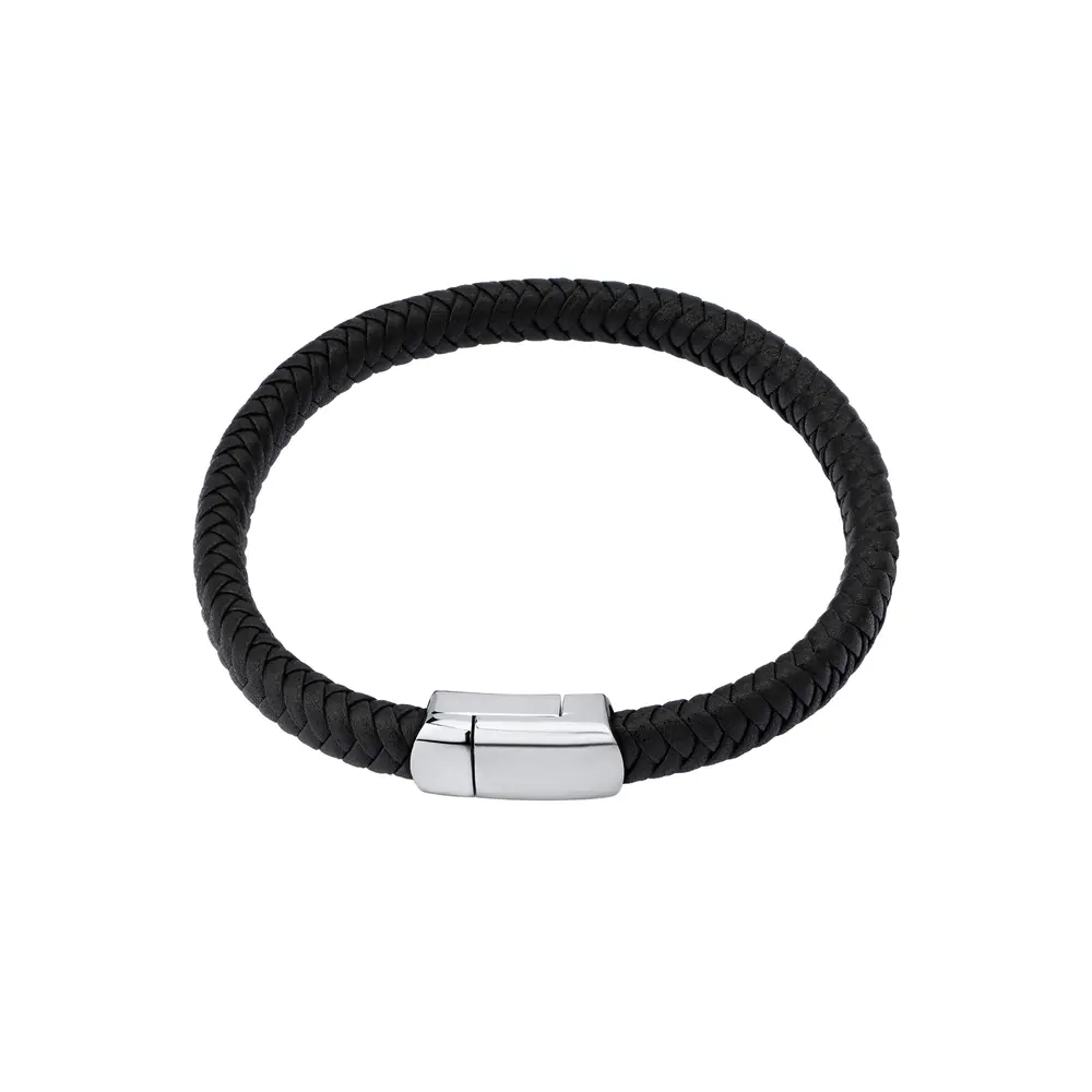 Pulseira Masculina Aço e Couro Trançado