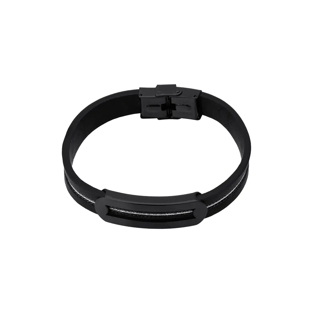 Pulseira Masculina Aço e Couro Detalhe no Meio