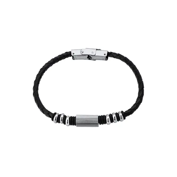 Pulseira Masculina Aço e Couro Trançado Redondo